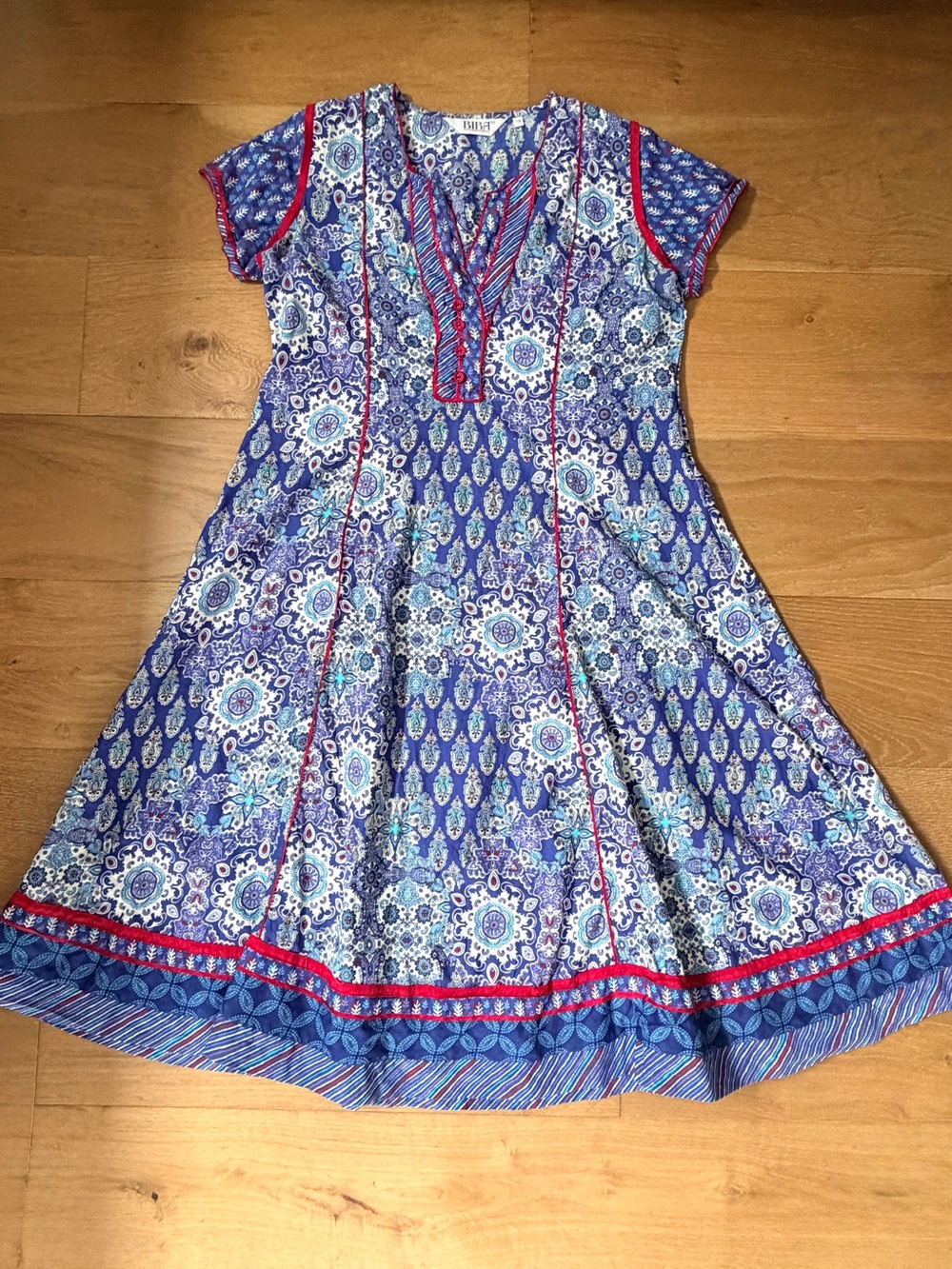 BIBA India Blue Medallion Block Print Cotton A-Line Midi Dress Size 38 US S/M